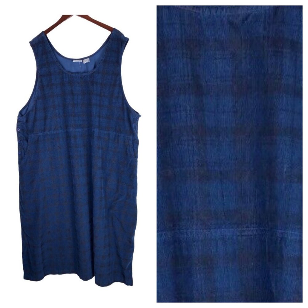 New The Vermont Country Store Jumper Dress 3X 22 24 Blue Plaid Velour Suede